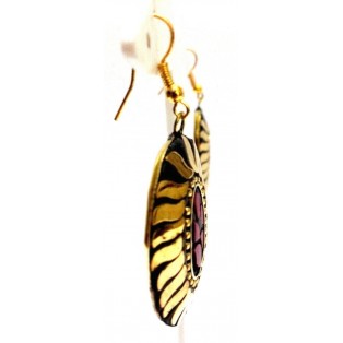 Retro Metal Earring - Ethnic Tribal Fusion - Drop Dangle Hook Long - Leafy Gold 1